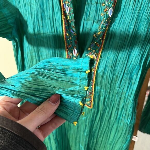 Women’s Indian Hand-Embroidered Kurti Tunic Top Size Small Teal Long - Picture 5 of 7